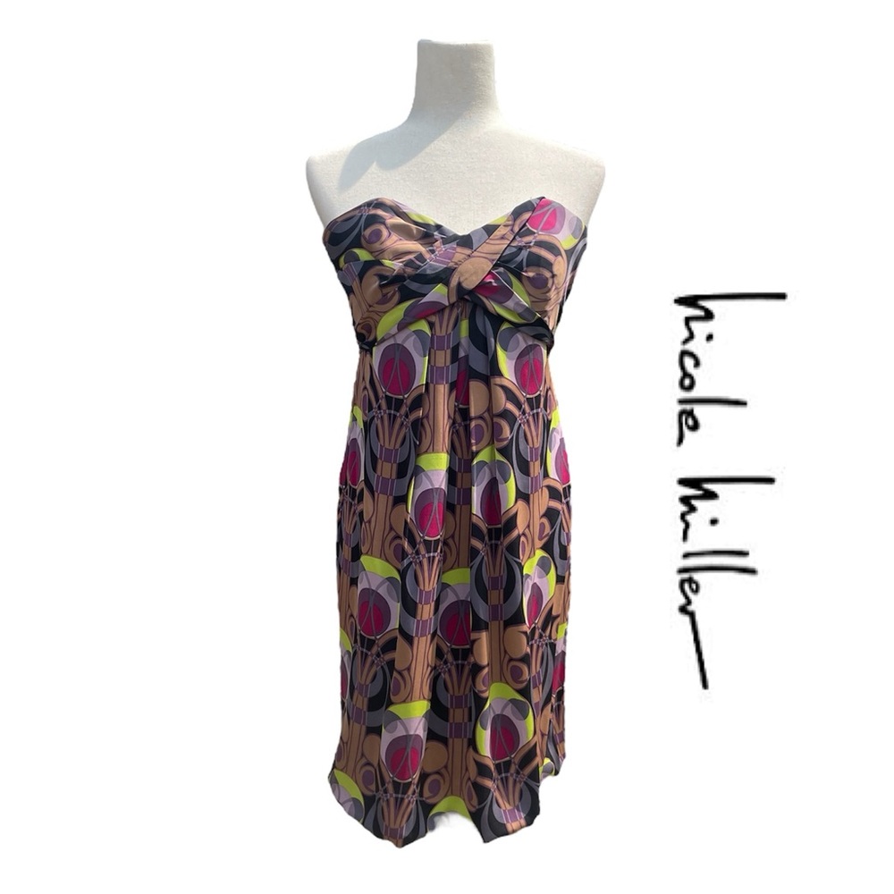 Nicole Miller Collection silk strapless dress Y2K bubble hem, disco pattern 4